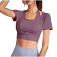 thumbnail image 4 of hotojiny Womens Workout Tops Stylish Halter Short Sleeve U Neck Yoga Shirts Stretchy Athletic Running Built-In Bra Gym Clothes, 4 of 6