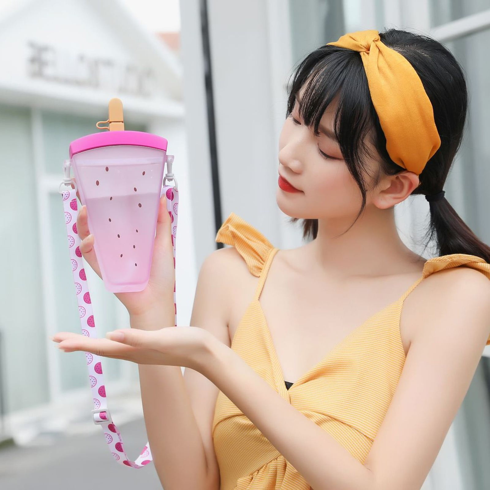 THHEIC 320ml Cute Watermelon Design Insulated Straw Water Bottle with Shoulder Strap, Portable Popsicle Cup for Gym, Office, Travel, and Outdoor Activities