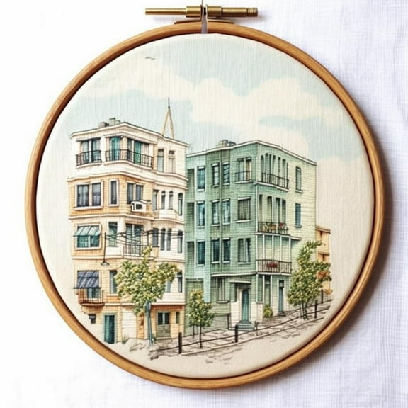 Watercolor Street Building DIY Stamped Cross Stitch Kits for Beginners Easy with Hoop 11CT Needlepoint Embroidery Counted Cross Stitch Kits Art Craft Wall Decor and Gift 35x35cm(1)