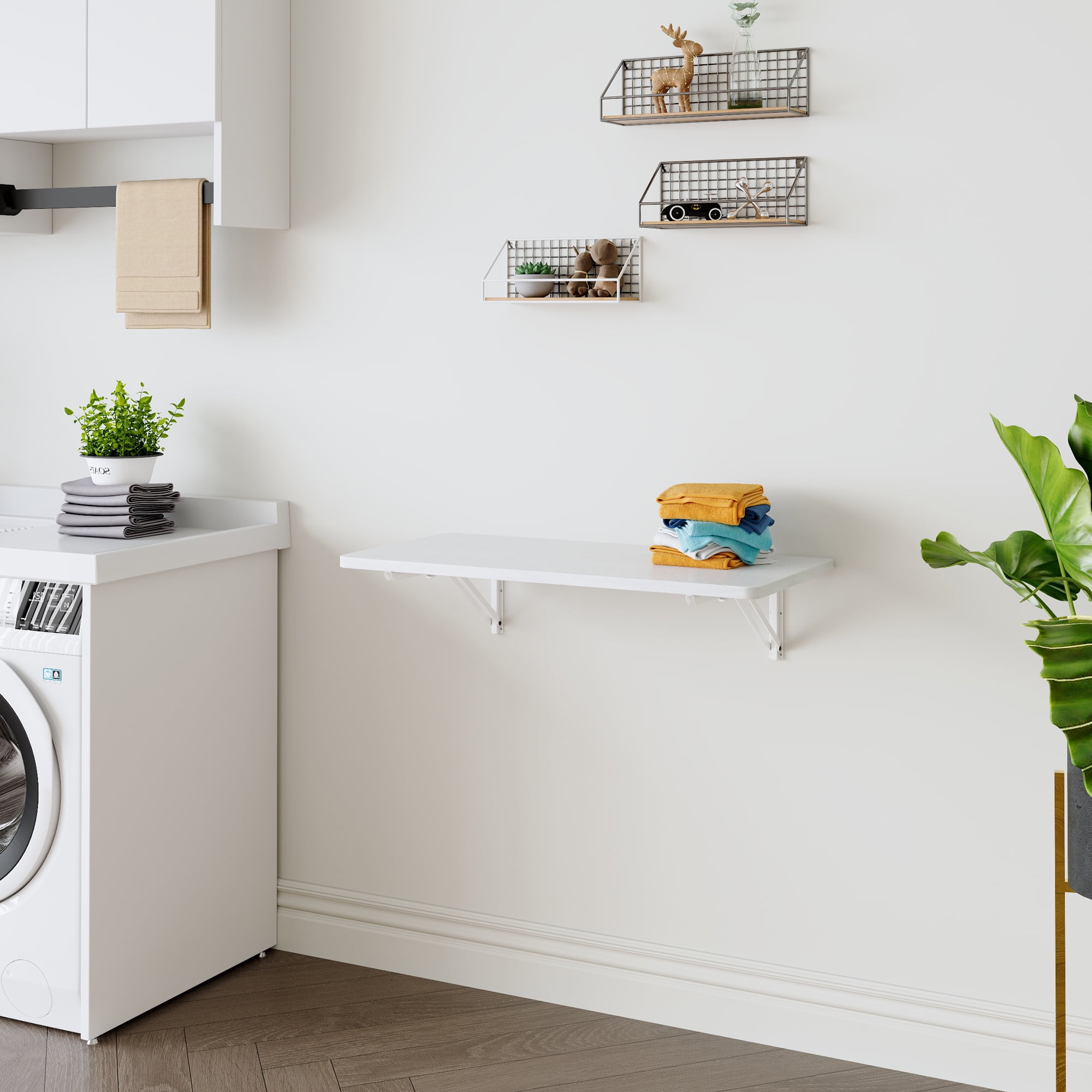 Wall Mounted Folding Table, Floating Desk for Laundry Room, Fold Down Table for Small Space, Foldable Wall Desk for Kitchen, Bathroom, Bedroom, White