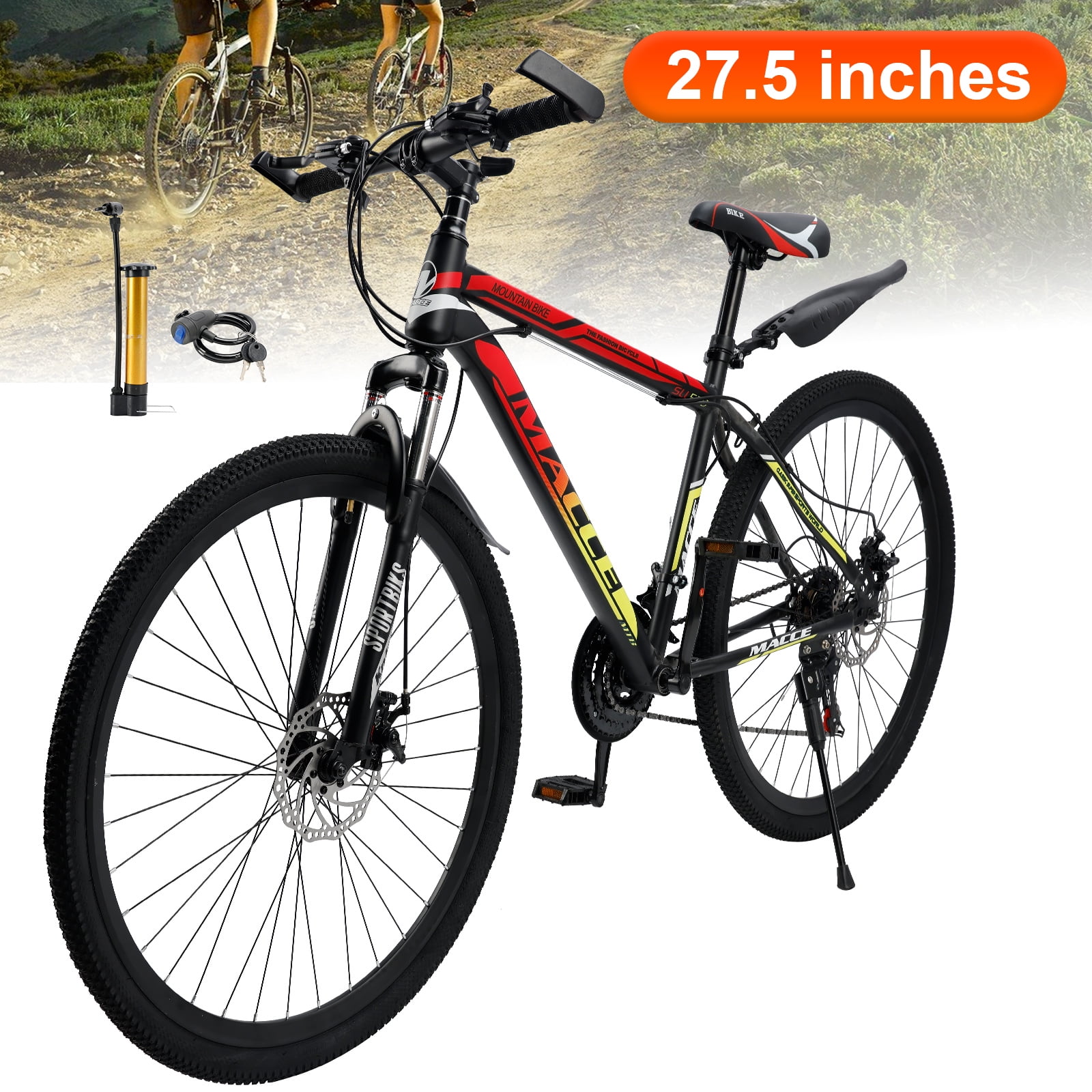 27.5" Spoke Wheel 24 Speed Mountain Bicycle Adult Bike MTB w/ fender Red & Yellow