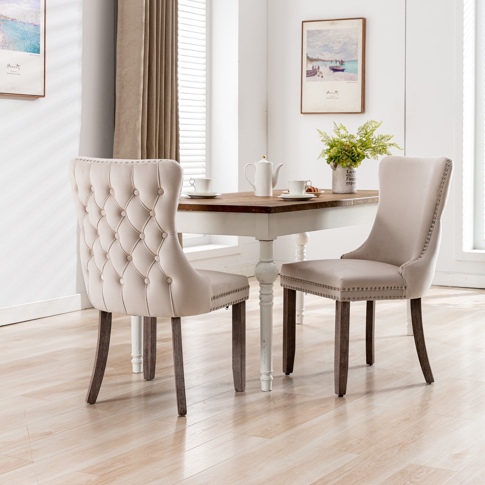 PORKISS Upholstered Dining Chairs Set of 2, Armless Side Chairs with Backstitching Nailhead Trim and Solid Wood Legs, Modern Velvet High Back Chairs, Beige