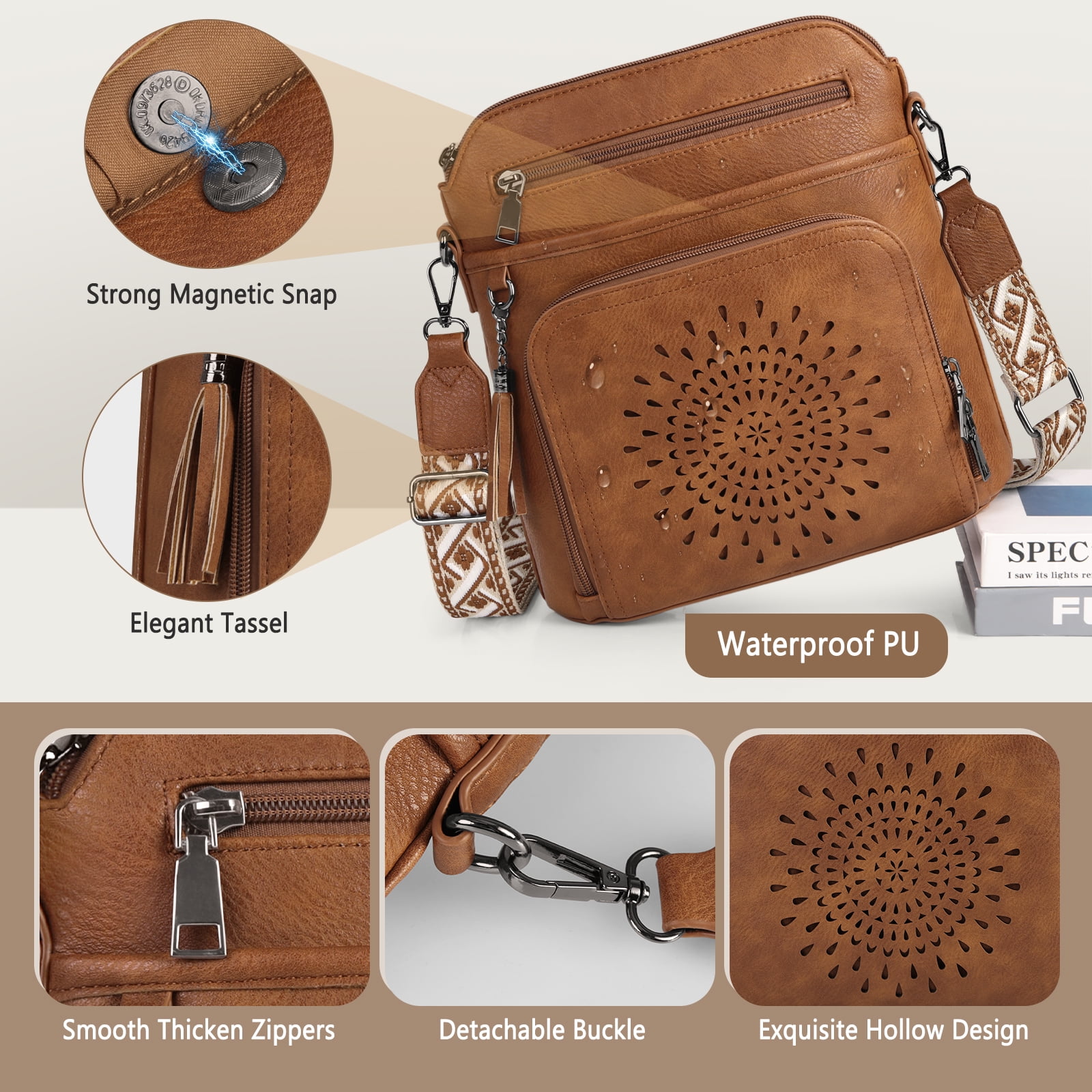 RAINSMORE Crossbody Bags for Women Leather Crossbody Purse Designer Womens Shoulder Handbags Trendy Cross Body Purse,Brown