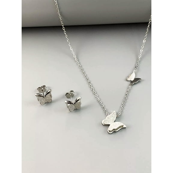 EOEMY Butterfly Decor Chain Necklace & Stud Earrings Jewelry Set Jewelry Gift For-Default