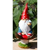 Camper Gnome Sitting On Toadstool Mushroom with A Bluebird Fairy Garden Figurine