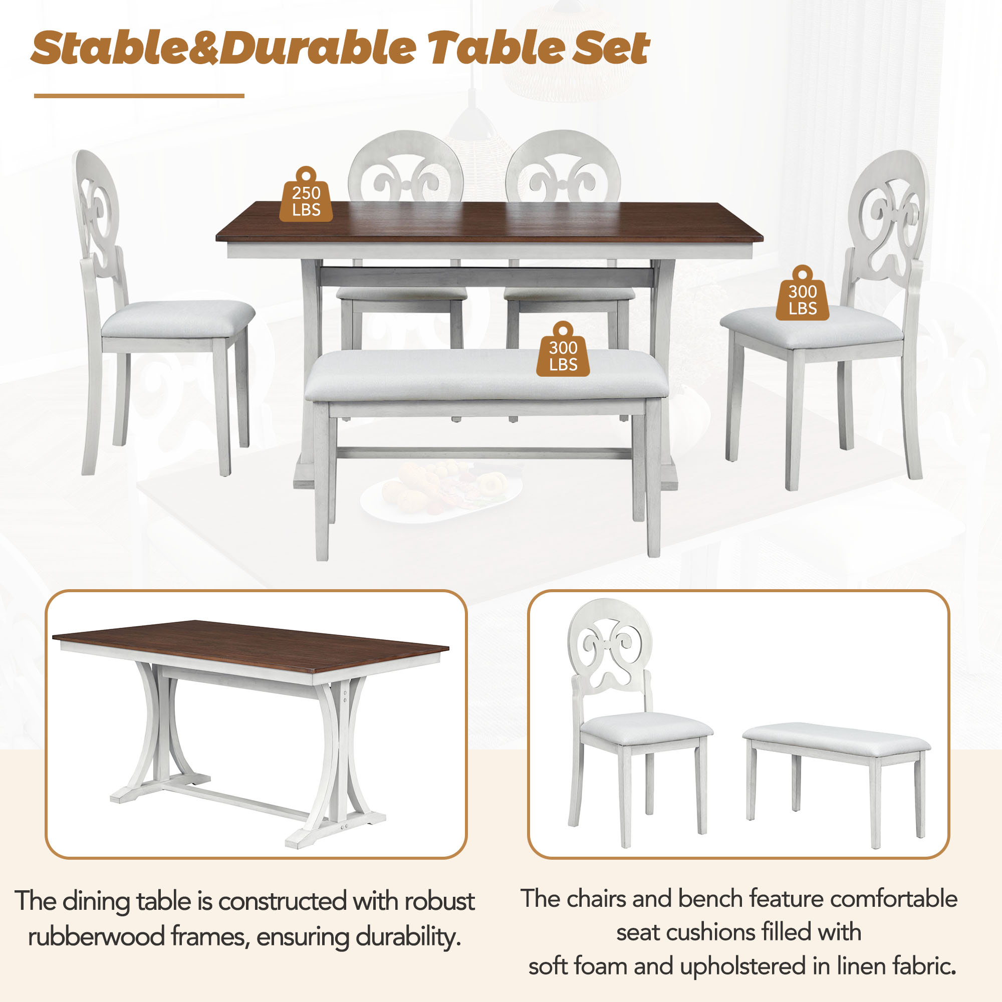 Atumon Dining Table Set for 6, Dining Room Set with Bench and 4 Beige Cushioned Chairs, 6 Piece Wooden Dining Table Set, Farmhouse Dining Table Set Furniture for Kitchen Dining Room, Brown Tabletop