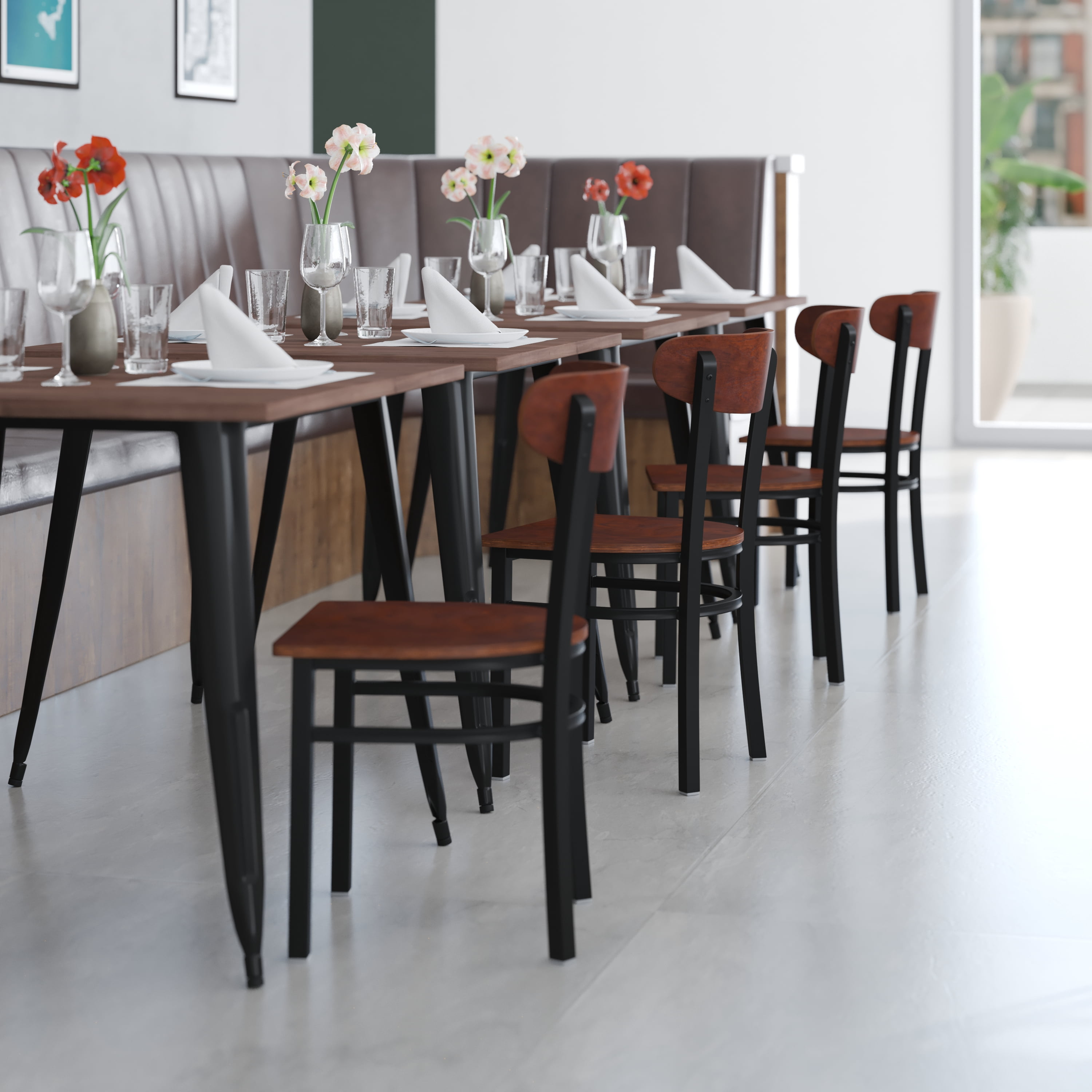 Flash Furniture Wright Metal/Wood Restaurant Chair, Set of 2, Walnut