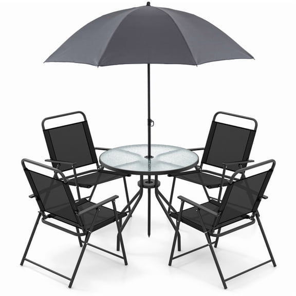 YYAo Patio Dining Table, Outdoor Dining Set, Picnic Set, 6 Pieces Patio Dining Set Folding Chairs Glass Table Tilt Umbrella for Garden-Gray