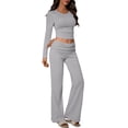 thumbnail image 2 of Stichou Womens Basic Two Piece Outfits Long Sleeve Spring Summer Slim Crop Top Fold Over Leggings Pants Set Matching Tracksuit Light Gray S, 2 of 5
