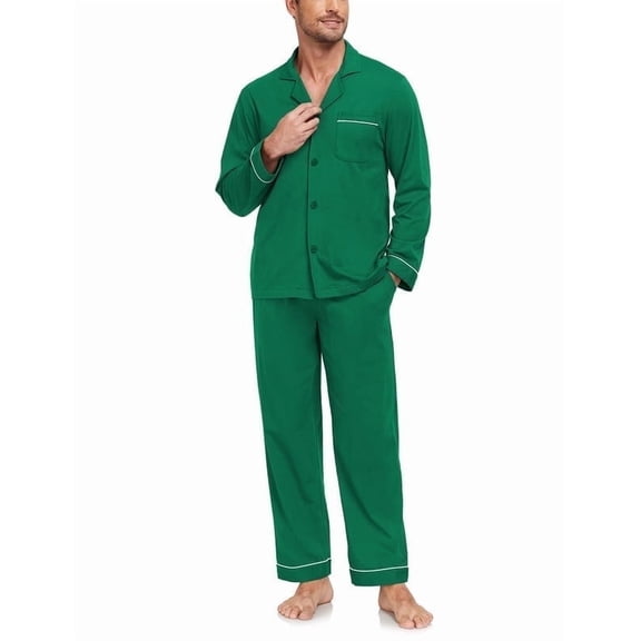 ANLIQI Men's 100% Cotton Pajamas Set Long Sleeve Button Down Soft Sleepwear with Pockets(Green M)