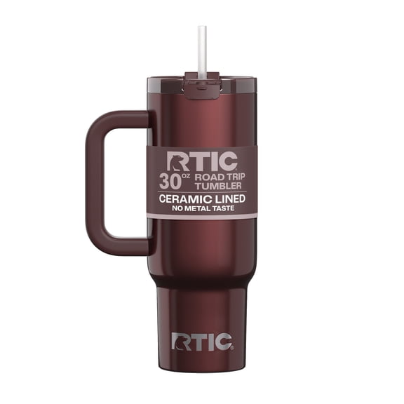 RTIC 30 oz Ceramic Lined Road Trip Tumbler with Handle and Leak-Resistant Straw Lid, Chocolate Brown Metallic