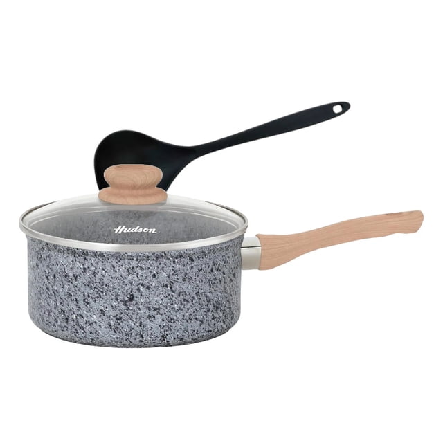 Olla Hudson 20cm Aluminio Forjado 4mm Antiadherente Granito con tapa cristal y cucharon nylon