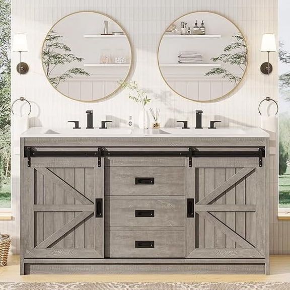 Amerlife 61" Farmhouse Double Bathroom Vanity with Sink Combo, Dual Basin Bathroom Storage Cabinet with Sliding Barn Doors & Drawers, Gray