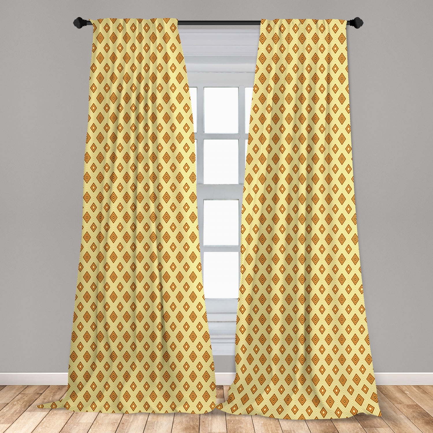 Retro Curtains 2 Panels Set, Old Fashioned Diamond Shapes with Inner