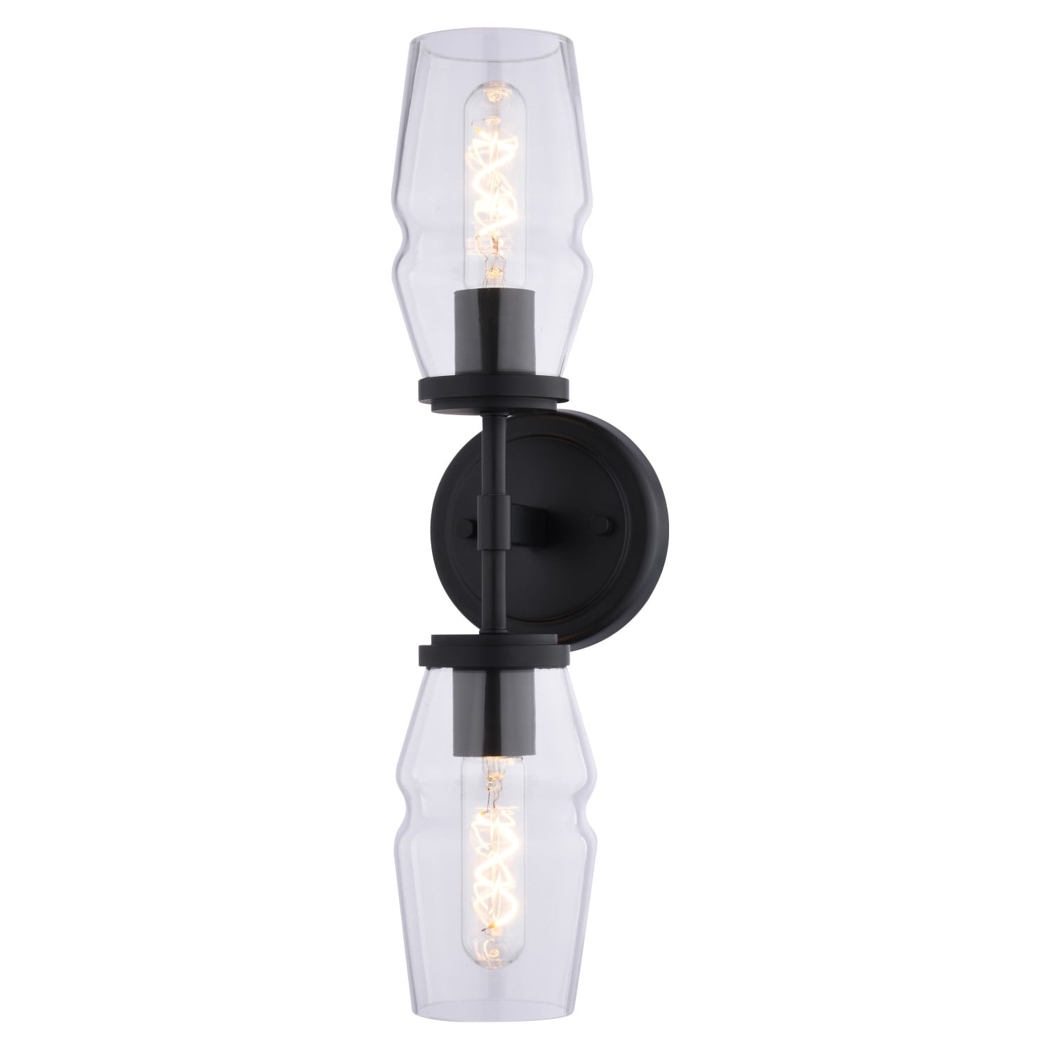 Warren 2-Light 4.75 in. Wide Matte Black Mid-Century Modern Wall Sconce with Clear Glass Shade, Dimmable, LED Compatible, Metal Bathroom Vanity Lighting Fixture, Vertical or Horizontal Mount Bath Bar