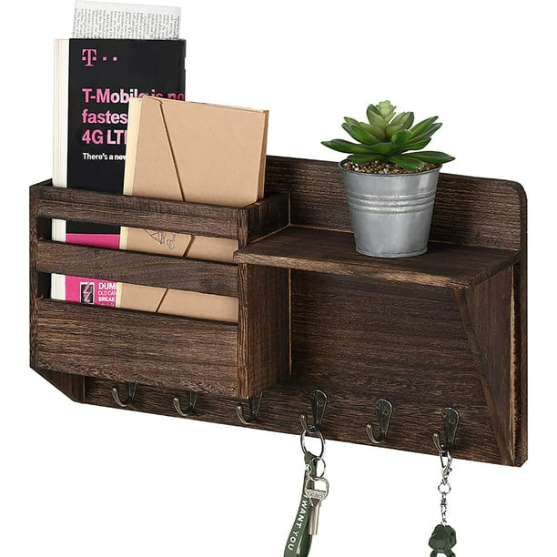 Mail Sorter Wall Mount Key Holder Organizer With 3 Hooks 1 Compartment And Shelf Brown Com - Wooden Wall Mounted Mail And Key Holder