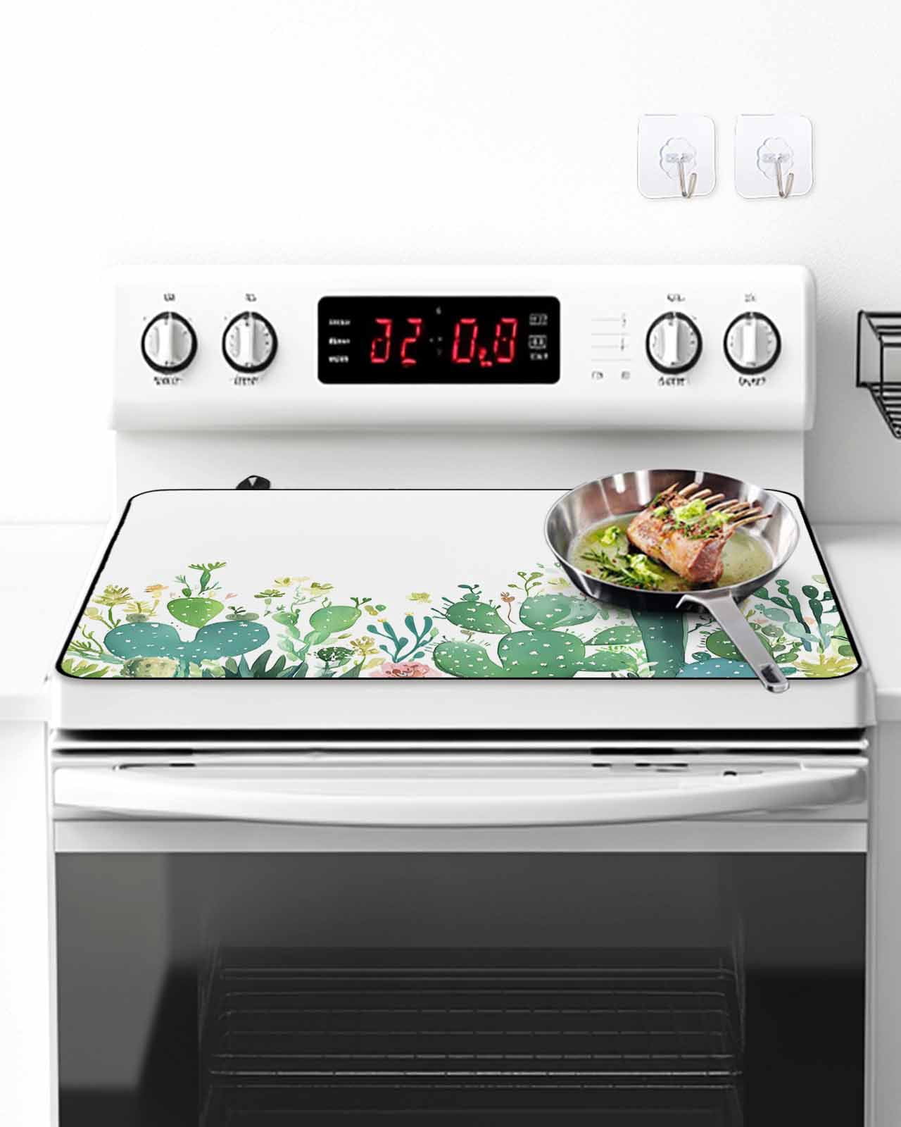 Stove Top Covers for Electric Stove 24x21 Inches, Tropical Cactus Heat Insulation Fireproof Glass Cooktop Protector, Summer Green Botanical Multipurpose Countertop Stovetop Cover for Kitchen