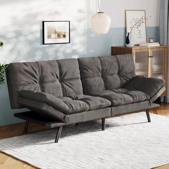 Convertible Futon Sofa Bed, Grey Linen Futon Couch with Adjustable Backrest & Armrests, Folding Small Recliner Sleeper Sofa Bed for Living Room, Apartment, Office
