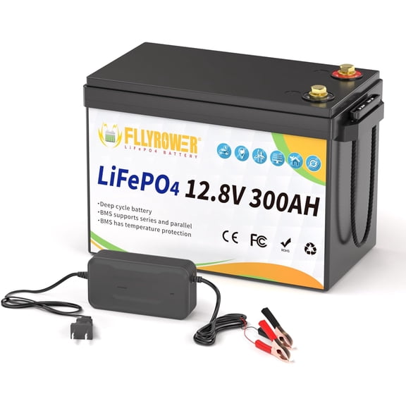 12V 300Ah LiFePO4 Battery with Charger,for RV,Solar,Motorhome and Boat,Golf Cart,Camping,Marine,15000  Deep Cycles,200A BMS FLLYROWER Lithium Battery