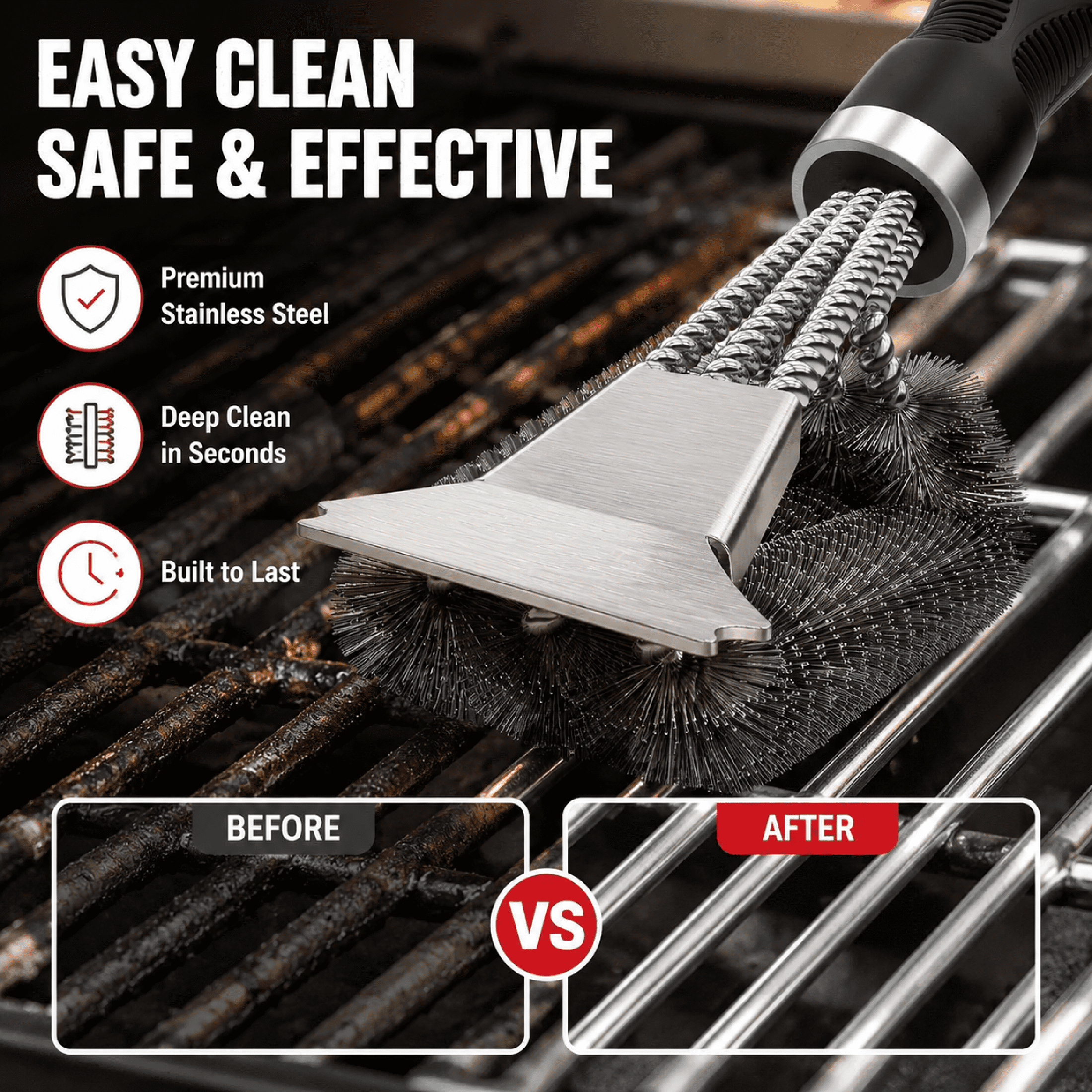 Grill Brush with Scraper, Triple Bristle BBQ Cleaner for Gas & Charcoal Grates