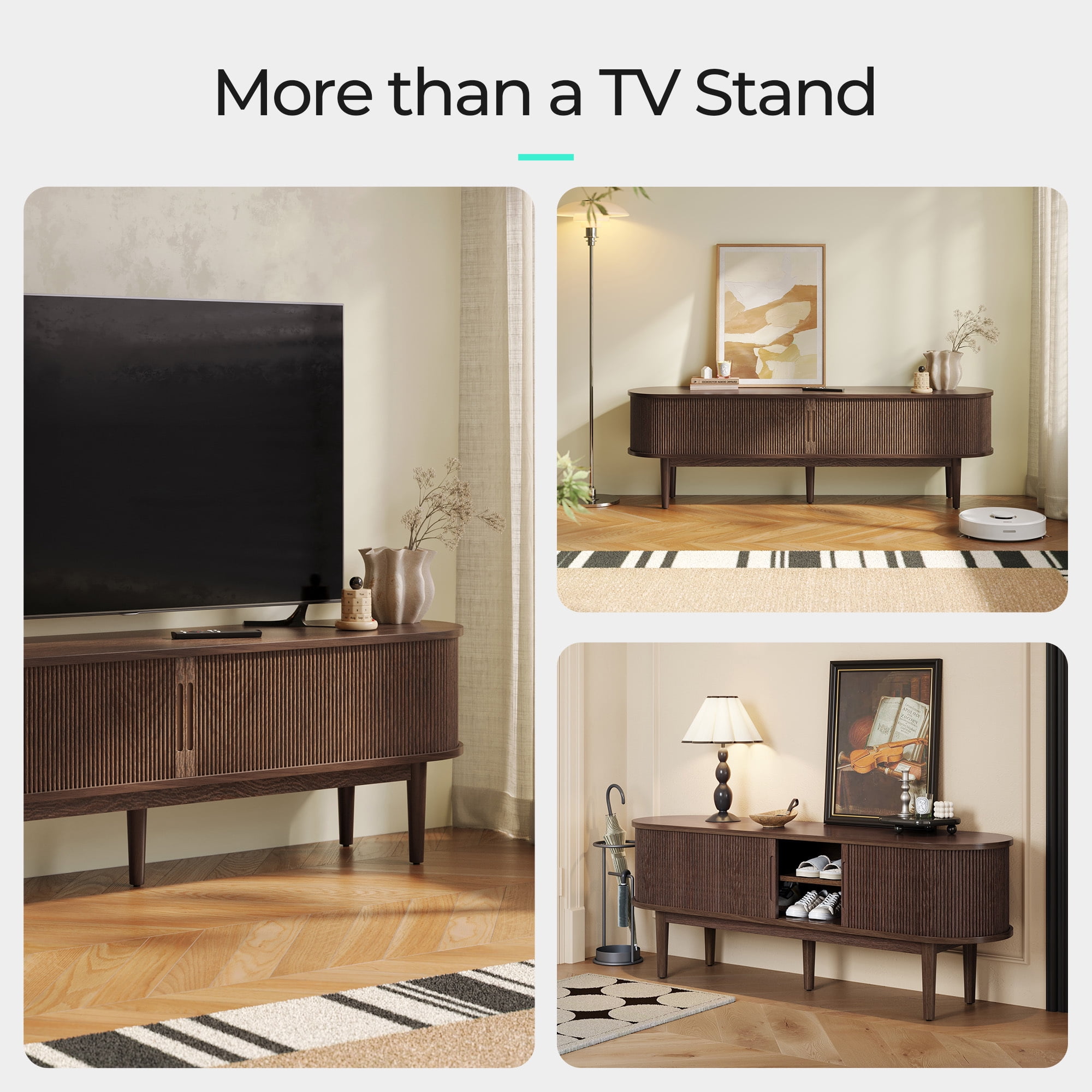 LINSY HOME Fluted TV Stand for TVs up to 75", Mid-Century Home Entertainment Center with Sliding Tambour Door and Adjustable Shelves, Walnut