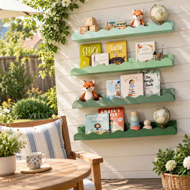 Green Scalloped Floating Shelves, Set of 4, Solid Pine Wall Mount ...