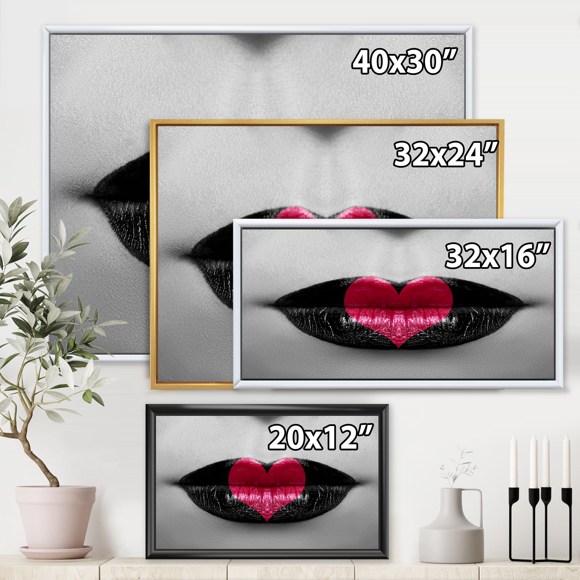 Designart 'Red Heart In Monochrome Lips' Modern Framed Canvas Wall Art Print