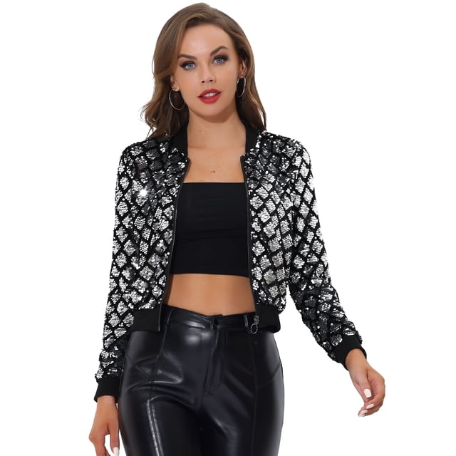 Chaqueta Bomber con lentejuelas Allegra K para Mujer Color Plata XL