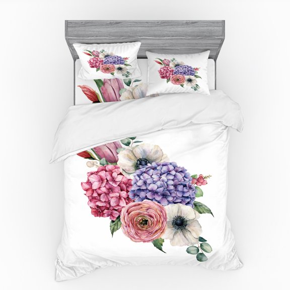 Romantic Duvet Cover Set, Watercolor Mix Bouquet Hydrangea Pattern, Bedding Set with Shams and Fitted Sheet, 3 Sizes, by Ambesonne