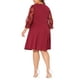 thumbnail image 3 of Vestido midi A-line de mujer plus size con cuello cuadrado, mangas de malla 3/4, plisado y fluido, talla 2X, color rojo rosa, 3 of 6