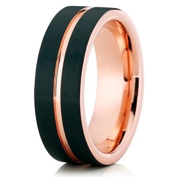 Black Tungsten- 8mm - Wedding Band - Rose Gold Tungsten Ring - Brush