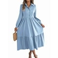 thumbnail image 2 of Women's Long Sleeve Dress 2025 Button Down V Neck A-Line Flowy Fall Outfits Ruffle Maxi Holiday Party Dresses, 2 of 9