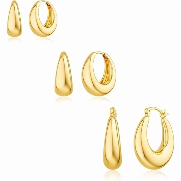 ccwmincc Chunky Gold Hoop Earrings for Women, 3 Pairs 14k Gold Plated/Silver Chunky Hoop Earrings Stack Set Thick Trendy Hypoallergenic Cartilage Earring for Multiple Piercing Jewelry Valentine Gift