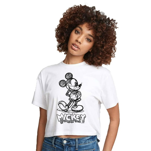 Mickey & Friends - Mickey Sketch - Juniors Cropped Cotton Blend T-Shirt