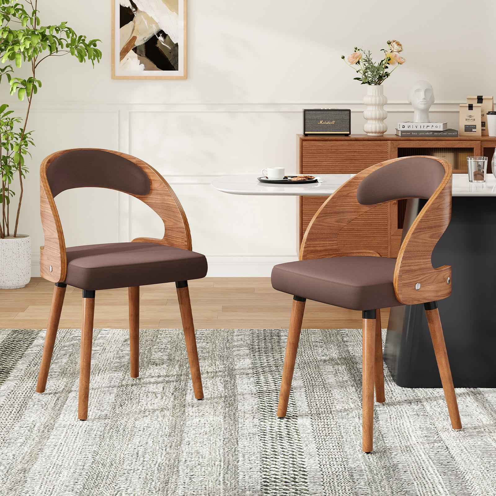 Farini Set of 4 Wood Dining Chairs with Curved Backrest for Kitchen Dining Room, Dark Brown