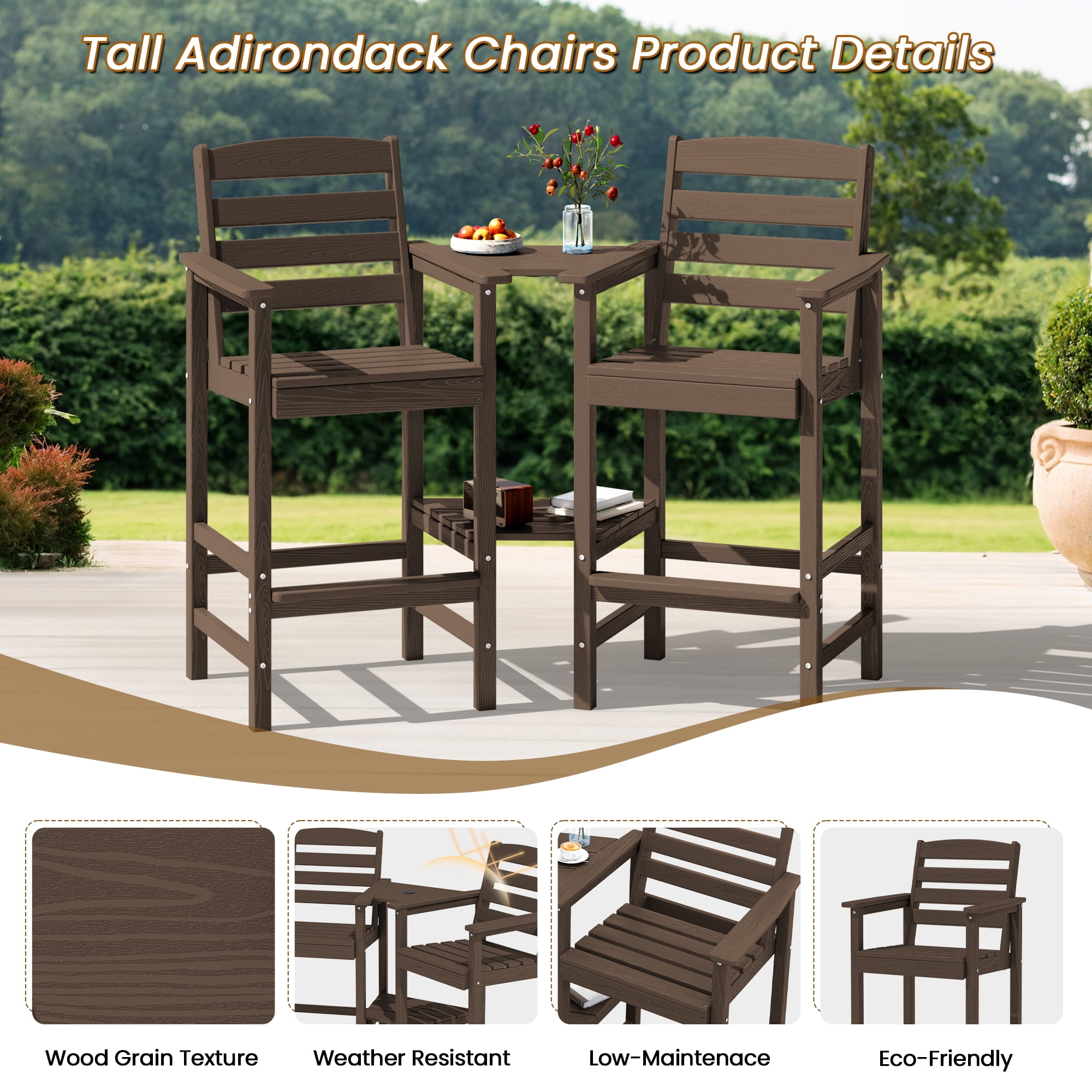 SERWALL Tall Adirondack Chairs Set of 2 with Connecting Table, HDPE Adirondack Outdoor Barstools, Coffee