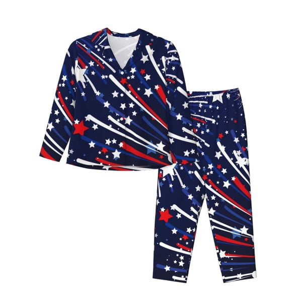 Fotbe Red White Blue Fireworks 1 Conjunto de Pijama de Manga Larga para Mujer con Estampado, Ropa de Dormir de 2 Piezas, Conjunto de Casa Suave y Cómodo con Bolsillos-Small