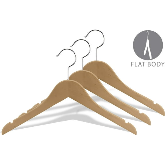 Wooden Junior Top Hanger, Box of 25 Flat 14 inch Space Saving Wood hangers w/ Natural finish, Notches & 360 Degree Chrome Swivel Hook by International Hanger