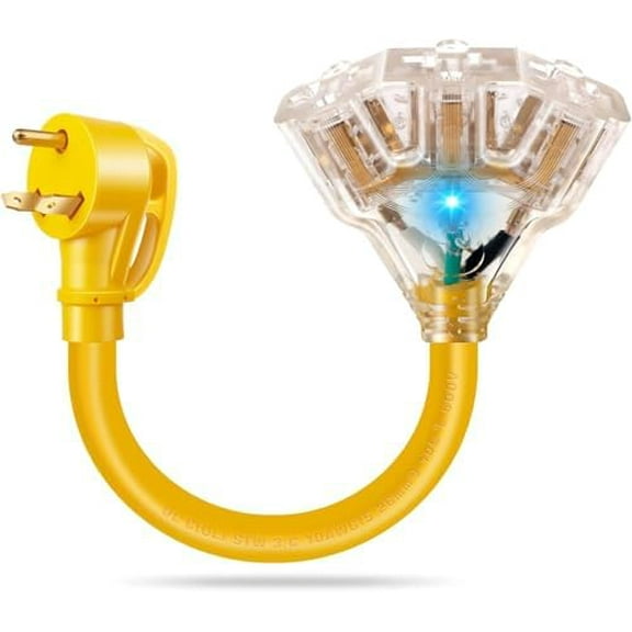 30 Amp to 110V 20 Amp RV Plug Electrical Adapter, NEMA TT-30P Male to 3x5-15R/20R Household Outlet Female with LED Power Indicator Light 3 Way Electrical Splitter