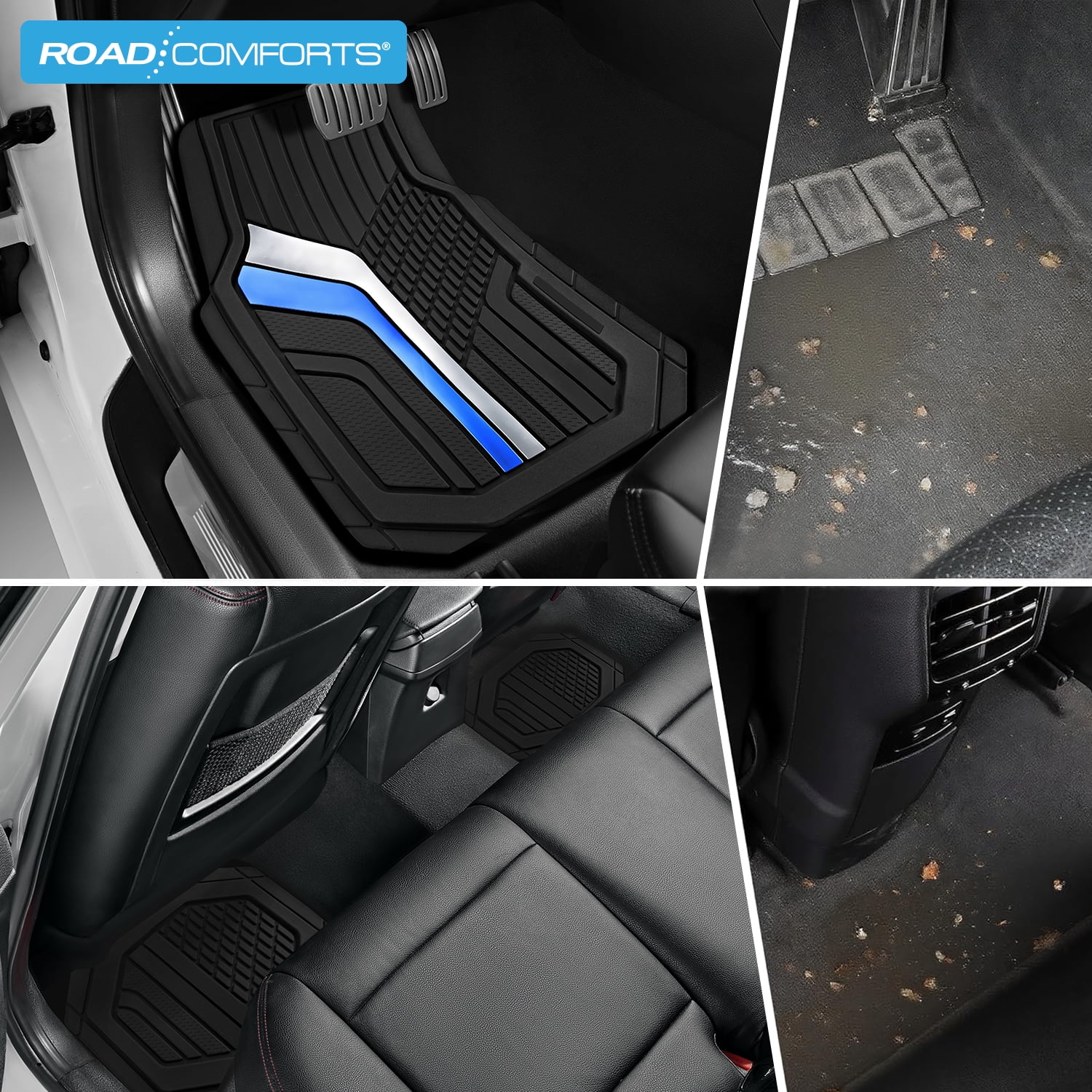 Road Comforts Car Floor Mats,Heavy-Duty Rubber Car Floor Mats,Sports Style Car Floor Mats,Non-Slip,Front,Universal Fit,Blue&Sliver