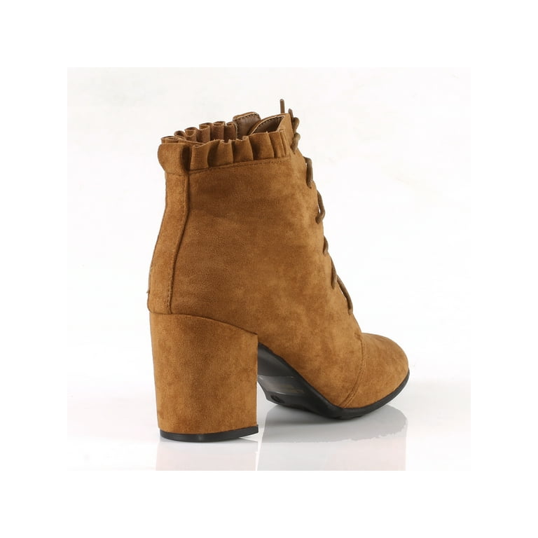 Dressy Ruffled Lace Up Women s Chunky Heel Booties in Tan