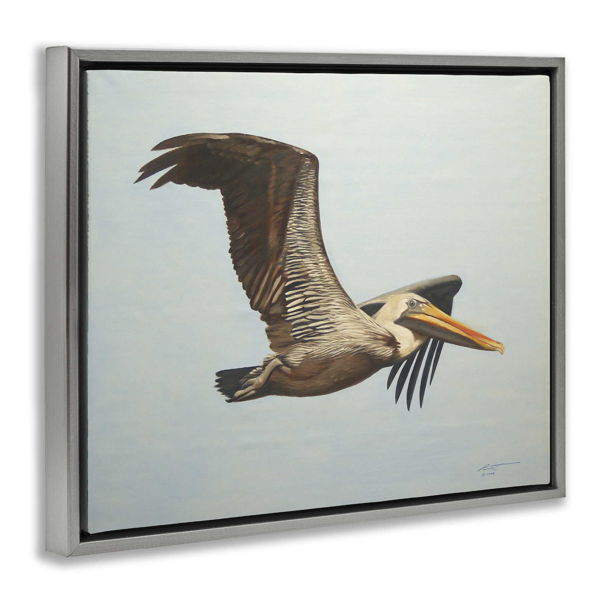 Stupell Industries Brown Pelican in Flight Animals & Insects Painting Gray Floater Framed Canvas Art Print Wall Art, 31 x 25