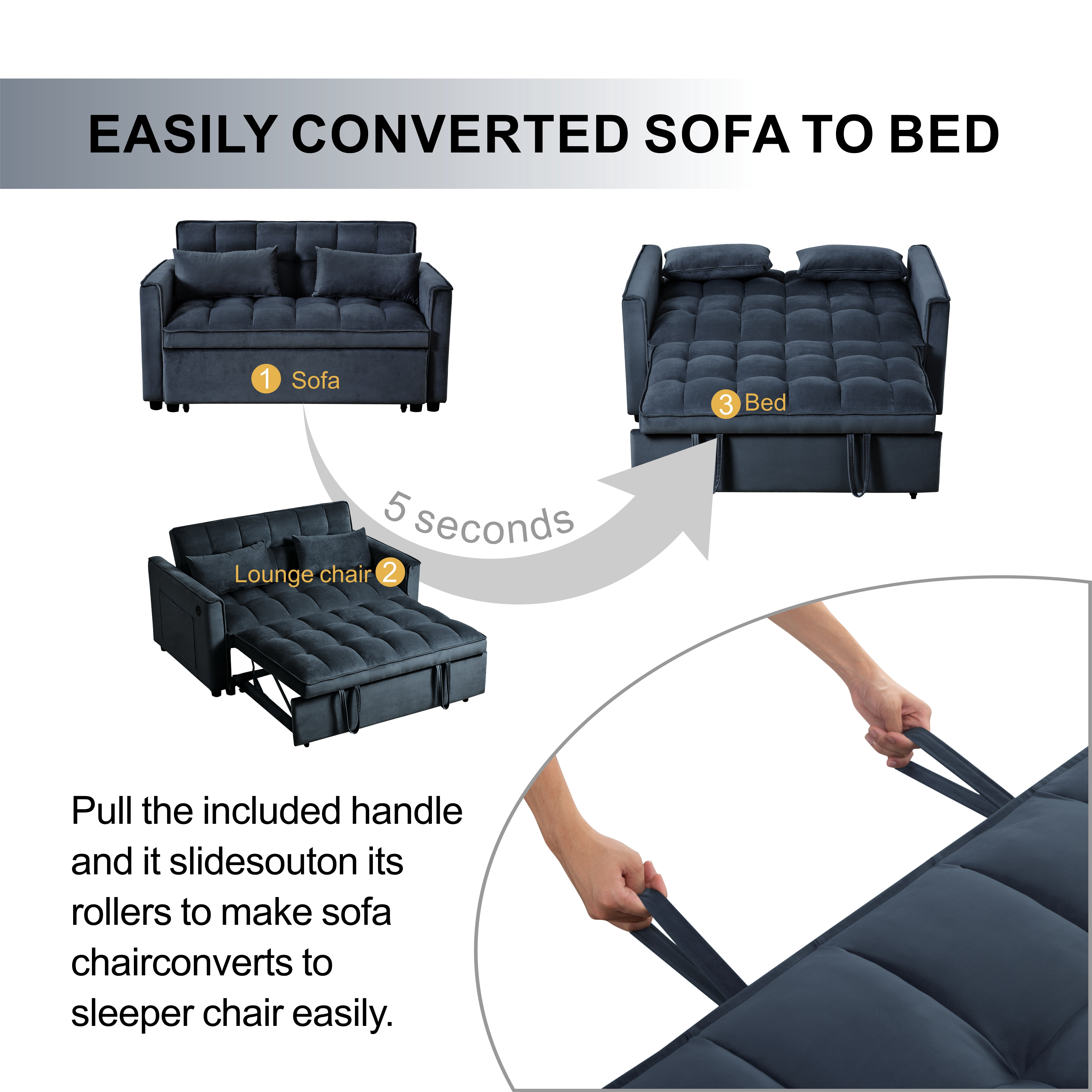 Gewnee 3 in 1 Modern Convertible Sleeper Sofa Bed,Velvet Pull Out Couch with Adjustable Backrest,USB,Side Pockets,Black Loveseat Futon for Living Room,Apartment