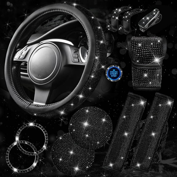 Bling Crystal Diamond Steering Wheel Cover, 8Pcs Shiny Rhinestone Sparkling Car Interior Decorations, Car Accessories for Women Girls,Black