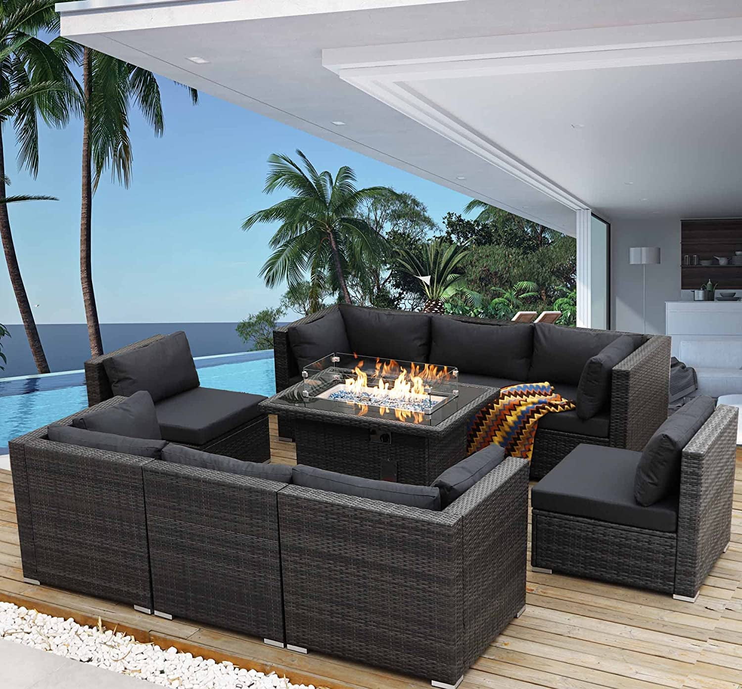 NICESOUL 9 Pcs Wicker Outdoor Furniture with Fire Pit Table, Patio ...
