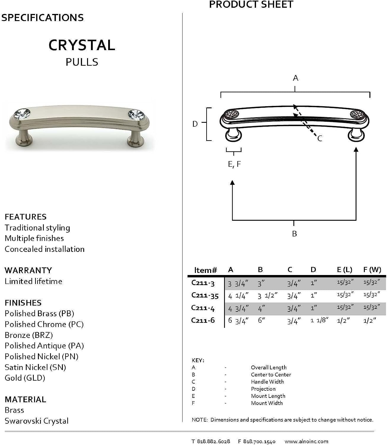 Alno C211-4-PB Swarovski Crystal 4" Cabinet Pull Polished Brass
