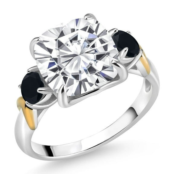 Gem Stone King 925 Silver and 10K Yellow Gold White Moissanite and Black Onyx 3 Stone Ring for Women (5.44 Cttw, Gemstone Birthstone, Cushion 10MM, Round 4MM, Size 9)