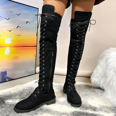 

Women‘s Over The Knee Boots Solid Color Lace Up & Side Zipper Shoes Round Toe Chunky Low Heel Shoes