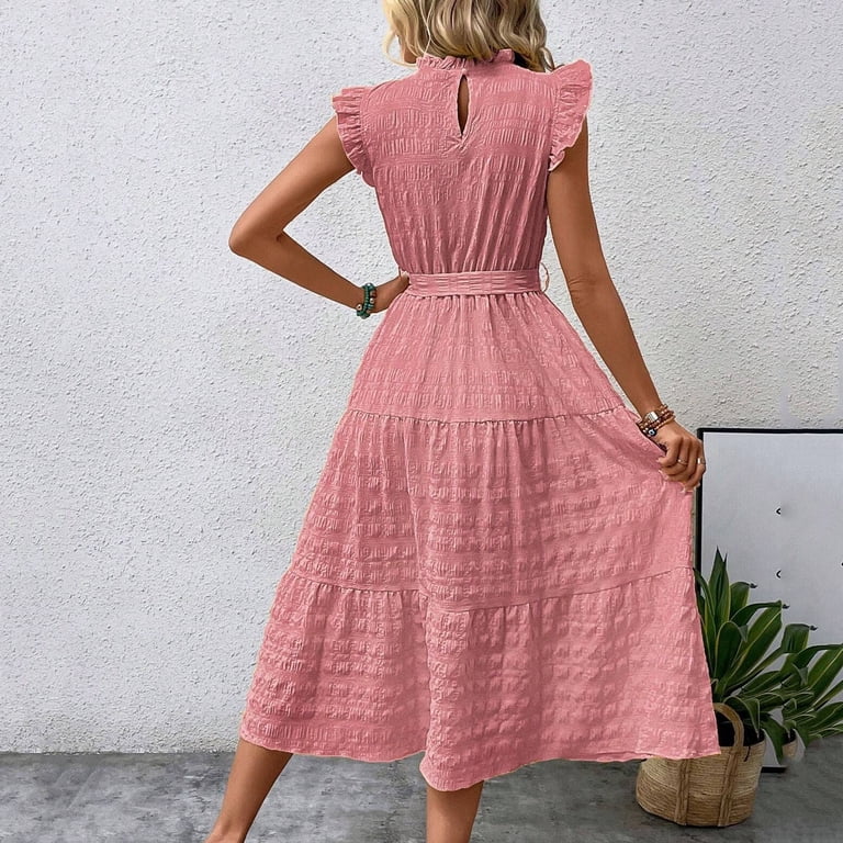 Uaswgudfs Women's Short Sleeve High Neck Midi Dress - Summer Casual Tiered  Skirt & Belted Waist, Textured Fabric Sophisticated Pink XL - Walmart.com