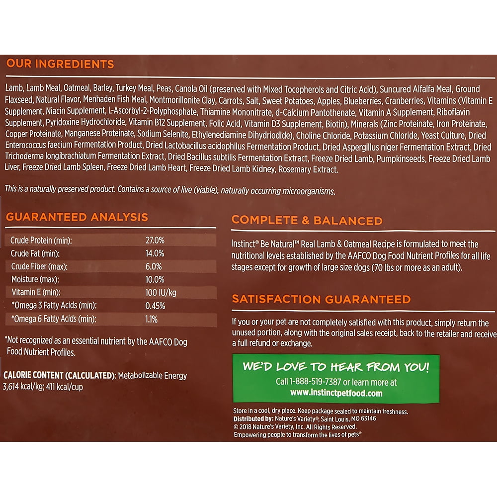 Instinct Be Natural Real Lamb Oatmeal Recipe Natural Dry Dog Food By Nature S Variety 24 Lb Bag Walmart Com Walmart Com